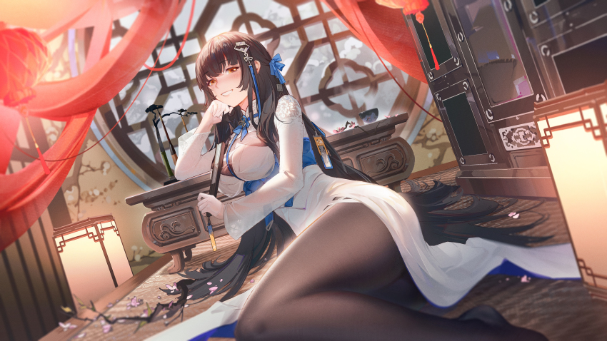 1girl, absurdres, black_hair, black_pantyhose, blue_ribbon, blush, branch, breasts, brown_eyes, china_dress, chinese_clothes, curtains, daiyan_(neural_cloud), dress, dutch_angle, elbow_rest, feet_out_of_frame, flower, folded_fan, folding_fan, from_side, girls'_frontline, girls'_frontline_neural_cloud, hair_flower, hair_ornament, hair_ribbon, half_updo, hand_fan, hanging_lantern, head_rest, highres, holding, holding_fan, id_card, indoors, lantern, large_breasts, lattice, layered_dress, leaning_to_the_side, long_hair, long_sleeves, looking_at_viewer, mattress, no_shoes, official_alternate_costume, paintbrush, paintbrush_rack, pantyhose, paper_lantern, reclining, ribbon, round_window, see-through_clothes, see-through_sleeves, shelf, side_slit, smile, solo, table, tassel, type_95_(girls'_frontline), type_95_(narcissus)_(girls'_frontline), very_long_hair, wallpaper_(object), white_dress, window, winter, wooden_table, yellow_eyes, ying_yi