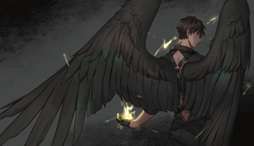 1boy, backless_outfit, black_background, black_gloves, black_hair, black_pants, black_shirt, black_wings, commentary, electricity, english_commentary, feathered_wings, from_behind, gloves, jubi_(bynl), light_trail, looking_at_viewer, looking_back, male_focus, neck_tattoo, o-ring, original, outstretched_arm, pants, profile, shirt, solo, tattoo, upper_body, wings
