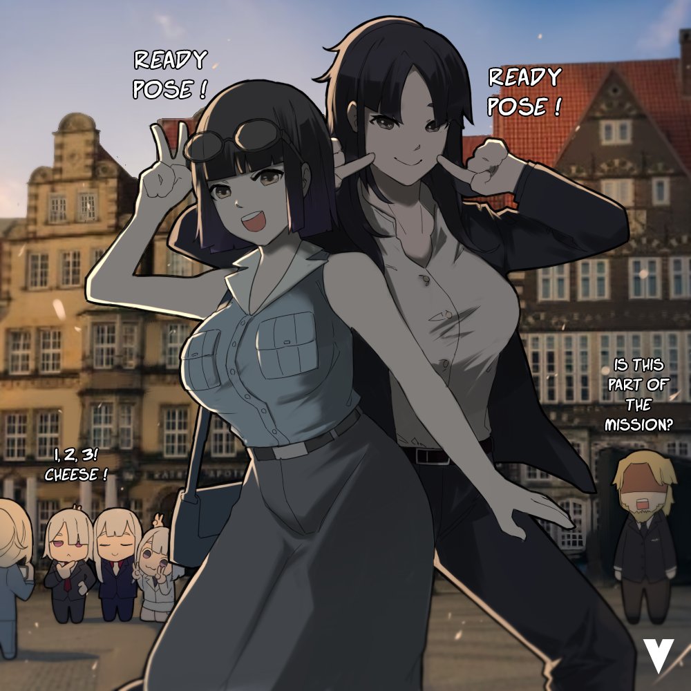 1boy, 6+girls, ak-12_(girls'_frontline), ak-12_(lucia)_(girls'_frontline), ak-15_(erwin)_(girls'_frontline), ak-15_(girls'_frontline), an-94_(antje)_(girls'_frontline), an-94_(girls'_frontline), angelia_(girls'_frontline), beard, black_hair, blonde_hair, breasts, chibi, closed_eyes, commentary, english_commentary, english_text, eyewear_on_head, facial_hair, girls'_frontline, group_picture, large_breasts, morridow_(girls'_frontline), multiple_girls, official_alternate_costume, one_eye_closed, rpk-16_(girls'_frontline), rpk-16_(renate)_(girls'_frontline), silver_hair, sunglasses, surprised, taking_picture, v, variasii