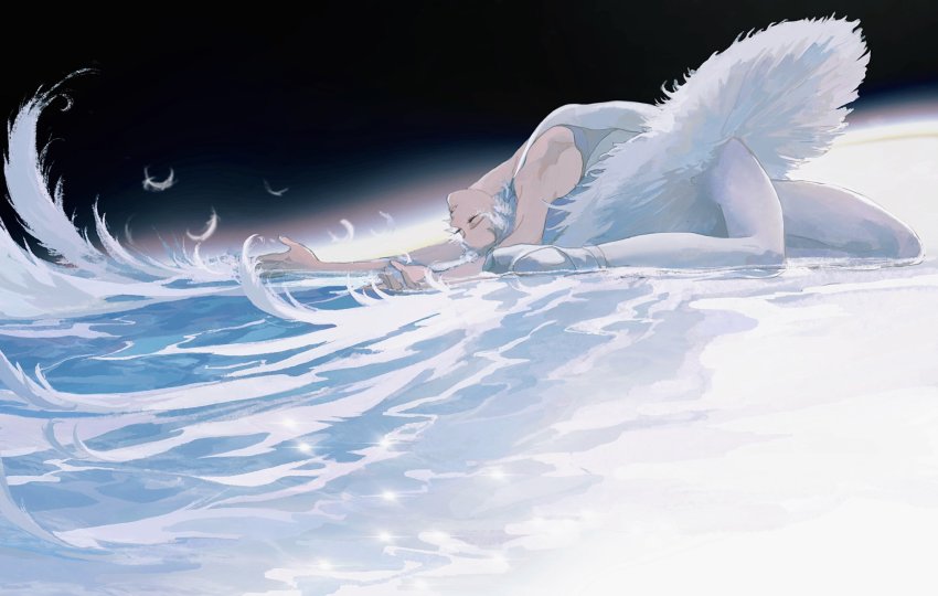 1girl, athletic_leotard, ballerina, ballet, ballet_slippers, bare_arms, breasts, dancing, eyelashes, closed_eyes, feathers, flexible, from_side, hair_ornament, highres, kneeling, leaning_back, leotard, original, outstretched_arms, pantyhose, parted_lips, solo, surreal, untranslatable_commentary, tutu, waves, white_footwear, white_leotard, white_pantyhose, ye_(ran_chiiipye)