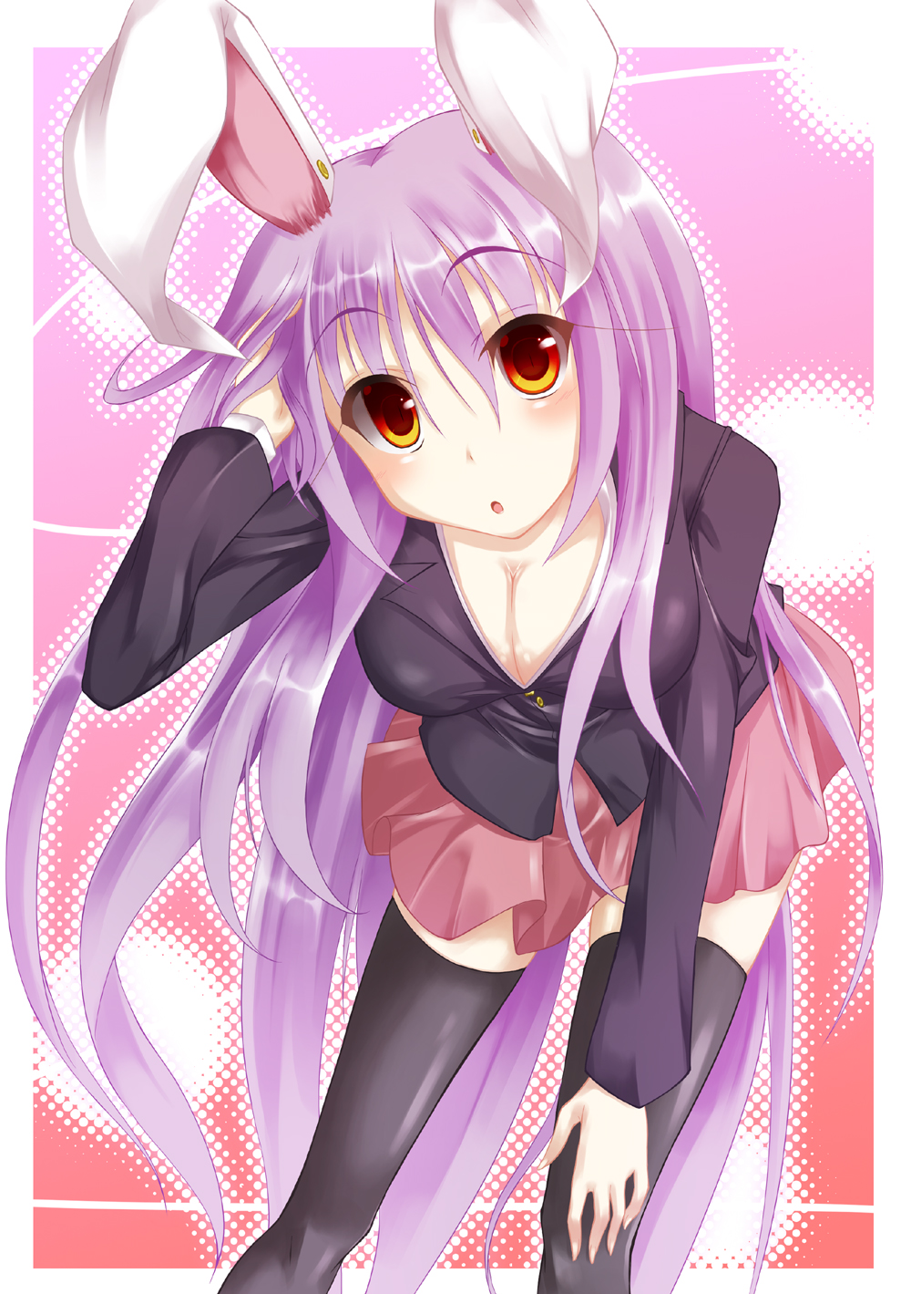 1girl, animal_ears, bad_id, bad_pixiv_id, black_thighhighs, blazer, breasts, cleavage
