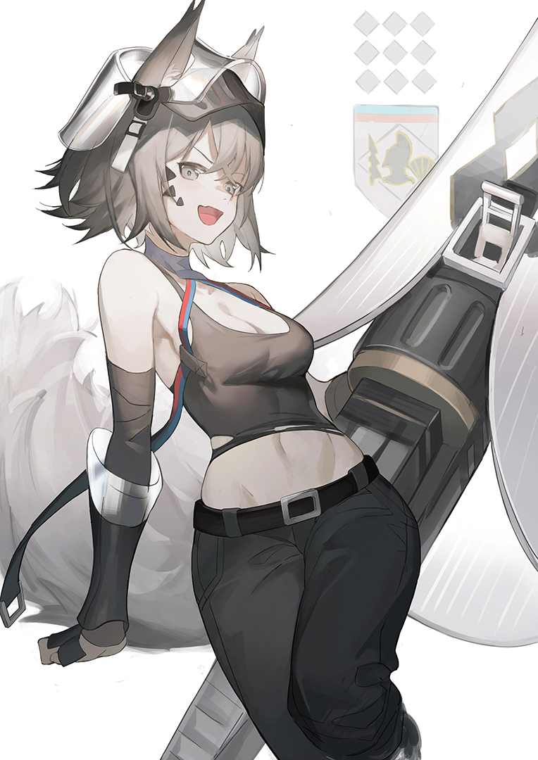 1girl, animal_ear_fluff, animal_ears, arknights, ashlock_(arknights), ashlock_(elite_ii)_(arknights), bare_shoulders, breasts, hair_between_eyes, haocong33, headgear, medium_breasts, midriff, simple_background, solo, tagme, tank_top, torn_clothes, torn_tank_top, white_background