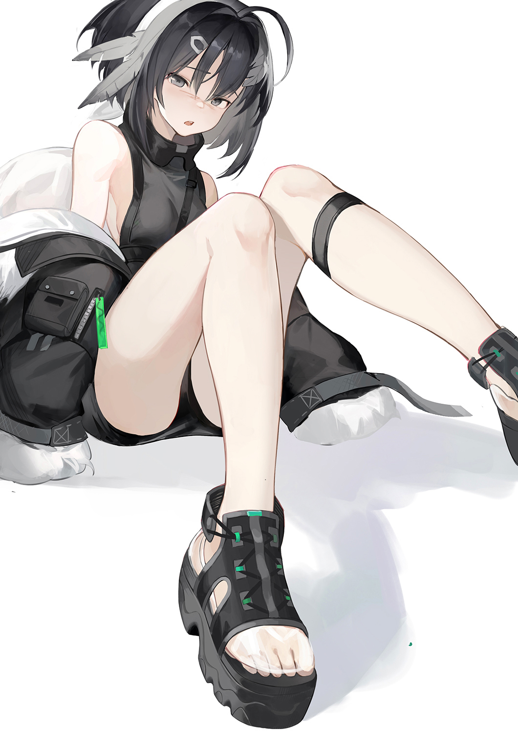 1girl, arknights, bare_shoulders, black_footwear, black_hair, black_shirt, black_shorts, blouse, fur-trimmed_sleeves, fur_trim, grey_eyes, hair_between_eyes, haocong33, highres, jacket, la_pluma_(arknights), open_clothes, open_jacket, shirt, shorts, simple_background, sleeveless, sleeveless_shirt, solo, tagme, thighs, white_background