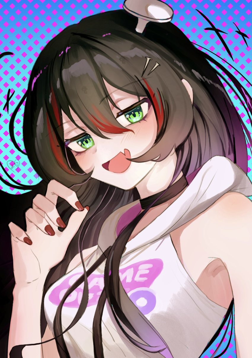 1girl, black_hair, blush, breasts, fang, floating_hair, hair_behind_ear, highres, hood, hoodie, long_hair, mako_(tt4zr), medium_breasts, mika_melatika, multicolored_hair, nail_polish, nijisanji, nijisanji_id, open_mouth, portrait, red_hair, red_nails, skin_fang, sleeveless, sleeveless_hoodie, smile, solo, streaked_hair, virtual_youtuber, white_hoodie
