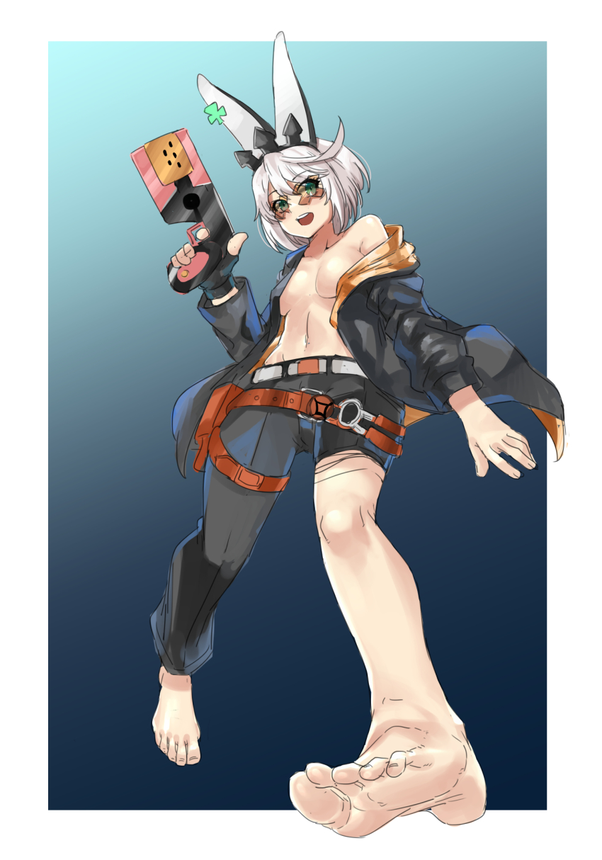 1girl, ahoge, animal_ears, asymmetrical_legwear, bare_legs, bare_shoulders, barefoot, belt, black_gloves, black_jacket, border, breasts, brown-tinted_eyewear, center_opening, convenient_censoring, cosplay, eiji_(eiji), elphelt_valentine, fake_animal_ears, feet, fingerless_gloves, foot_focus, foreshortening, gloves, green_eyes, guilty_gear, guilty_gear_strive, guilty_gear_xrd, gun, handgun, happy_chaos, happy_chaos_(cosplay), highres, holding, holding_weapon, huge_ahoge, jacket, long_sleeves, medium_breasts, navel, open_clothes, pants, pistol, rabbit_ears, short_hair, solo, stomach, sunglasses, tinted_eyewear, weapon, white_border, white_hair, x-shaped_eyewear