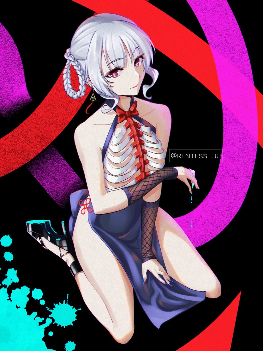 1girl, bone, braid, china_dress, chinese_clothes, dress, earrings, freyja_cesteline, high_heels, highres, indie_virtual_youtuber, jewelry, jun_yuwei, looking_at_viewer, pale_skin, red_eyes, skeleton, solo, thighs, virtual_youtuber