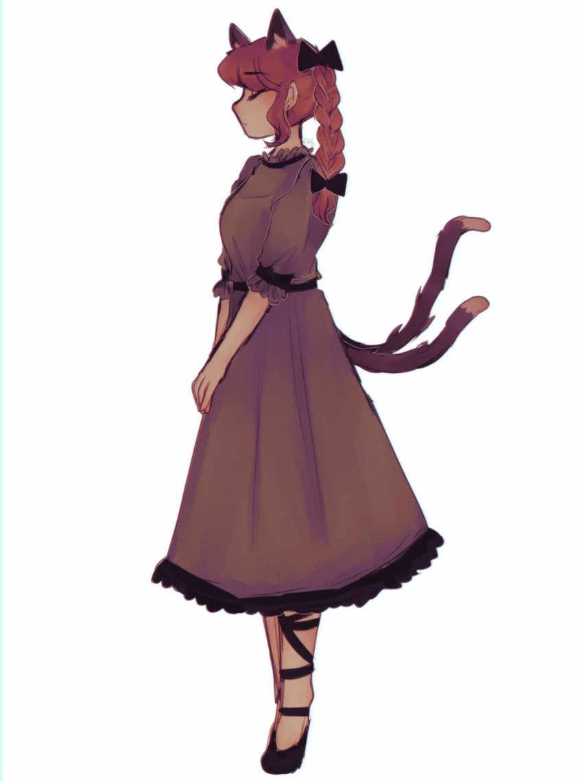 1girl, animal_ear_fluff, animal_ears, black_bow, black_footwear, black_ribbon, bow, braid