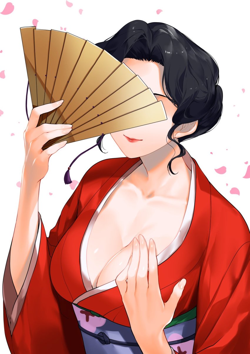 1girl, black_hair, breasts, chairwoman_(clamp_gakuen_tanteidan), cherry_blossoms, clamp_gakuen_tanteidan, cleavage, collarbone, commentary, covering_own_eyes, curly_hair, folding_fan, hand_fan, hand_on_own_chest, highres, holding, japanese_clothes, kimono, large_breasts, light_smile, red_kimono, red_lips, second-party_source, waka_(shark_waka), white_background