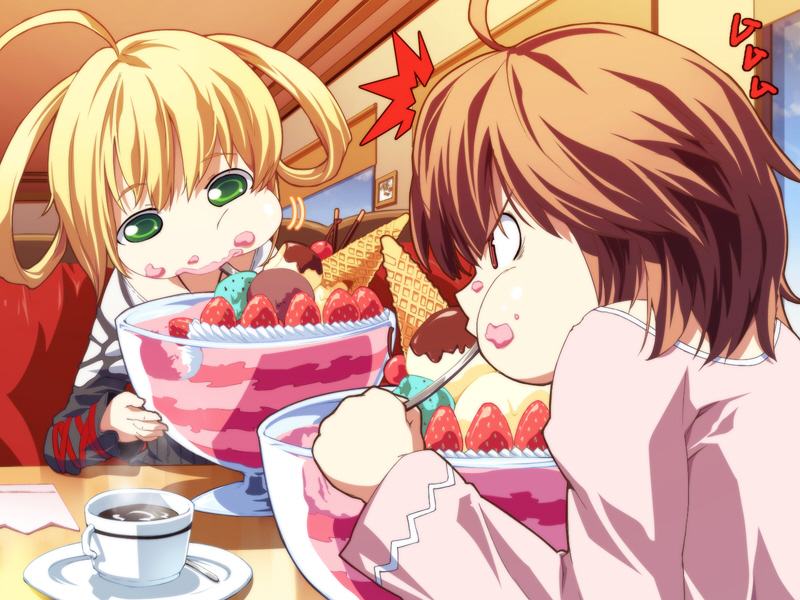 10s, 2girls, ^^^, ahoge, angry, ayase_kasumi_(dies_irae), blonde_hair, chocolate