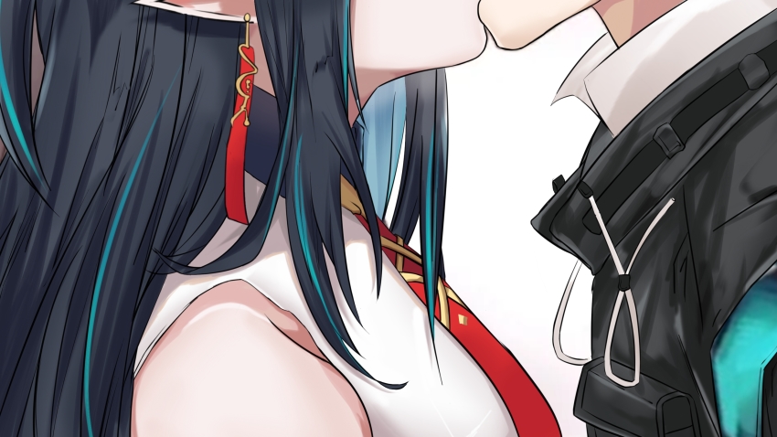 1boy, 1girl, arknights, bare_shoulders, black_coat, black_hair, blue_hair, chinese_commentary