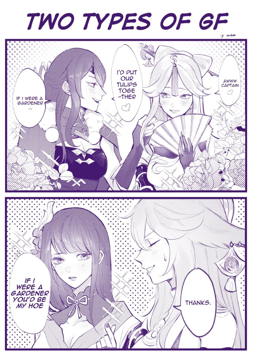 4girls, anna_(anta_baka00), beidou_(genshin_impact), blunt_bangs, breasts, closed_eyes, english_text, flower, folding_fan, genshin_impact, hair_ornament, hair_tassel, hairpin, half-closed_eyes, hand_fan, highres, medium_breasts, monochrome, multiple_girls, ningguang_(genshin_impact), open_mouth, pun, raiden_shogun, speech_bubble, sweatdrop, tassel, tassel_hair_ornament, yae_miko, yuri