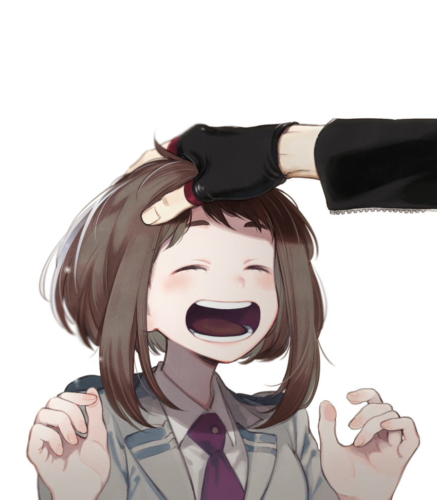 1girl, boku_no_hero_academia, brown_hair, closed_eyes, headpat, highres, open_mouth, present_mic