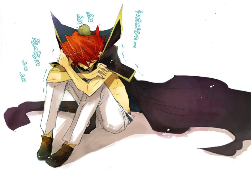 cape, depressed, male_focus, red_hair, sitting, suwaru, translation_request, trembling