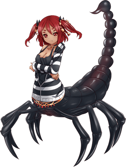 arthropod_girl, artist_request, black_bow, black_sclera, black_tank_top, bow, breasts, carapace, cleavage, colored_sclera, crossed_arms, dark-skinned_female, dark_skin, extra_eyes, full_body, hair_between_eyes, hair_bow, hair_ornament, jacket, jewelry, medium_breasts, medium_hair, monster_musume_no_iru_nichijou, monster_musume_no_iru_nichijou_online, necklace, official_art, red_eyes, red_hair, ring, scorpion_girl, solo, striped_clothes, striped_jacket, tank_top, taur, tito_(monster_musume), transparent_background, twintails