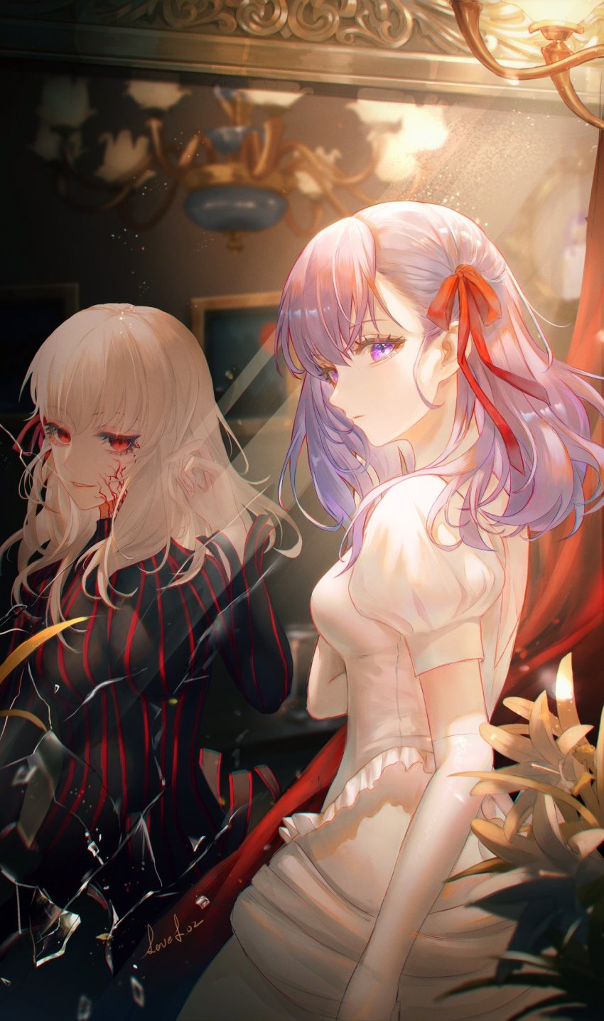 2girls, broken_mirror, candlestand, dark_sakura, fate/stay_night, fate_(series), hair_between_eyes, hand_in_own_hair