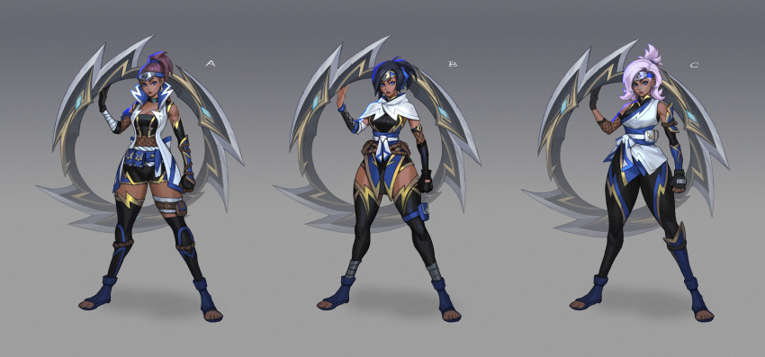 1girl, bare_shoulders, black_gloves, black_hair, black_shorts, black_thighhighs, blue_hair, breasts