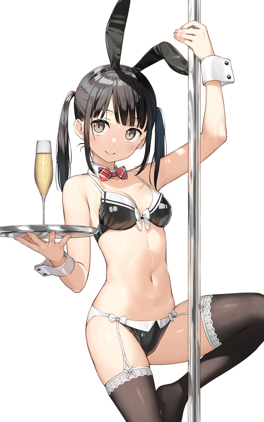 1girl, animal_ears, bikini, black_bikini, black_hair, black_thighhighs, bow, bowtie