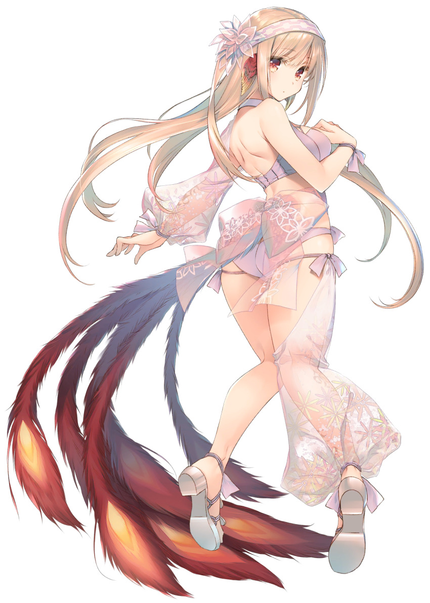 ainu_clothes, animal_ears, aquaplus, arm_up, ass, backless_outfit, bare_shoulders, bird_tail, blonde_hair, bracelet, breasts, butt_crack, choker, cleavage, crop_top, flower, flower_on_head, full_body, gradient_eyes, gradient_hair, hair_between_eyes, hair_ornament, hairband, high_heels, highres, huge_ass, jewelry, large_breasts, long_hair, mitsumi_misato, multicolored_eyes, multicolored_hair, official_art, red_eyes, see-through_clothes, see-through_legwear, see-through_skirt, sidelocks, single_sleeve, skindentation, skirt, sleeveless, suzuri_(utawarerumono:_lost_flag), swimsuit, tail, thick_thighs, thigh_strap, thighs, toned, toned_female, transparent_background, utawarerumono, utawarerumono:_lost_flag, very_long_hair