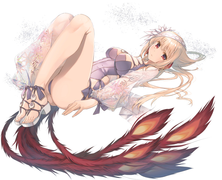 1girl, ainu_clothes, animal_ears, aquaplus, ass, ass_focus, bird_tail, blonde_hair, blush, breasts, cleavage, closed_mouth, fingernails, flower, flower_on_head, from_side, full_body, gradient_eyes, gradient_hair, hair_between_eyes, hair_ornament, hair_over_shoulder, hairband, high_heels, highres, huge_ass, knees_up, large_breasts, legs_together, long_hair, long_sleeves, looking_at_viewer, lying, mitsumi_misato, multicolored_eyes, multicolored_hair, official_art, on_back, panties, pantyshot, raised_eyebrows, see-through_clothes, see-through_legwear, see-through_sleeves, sidelocks, solo, suzuri_(utawarerumono:_lost_flag), swimsuit, tail, thick_thighs, thighs, toenails, toes, transparent_background, underwear, utawarerumono, utawarerumono:_lost_flag, very_long_hair