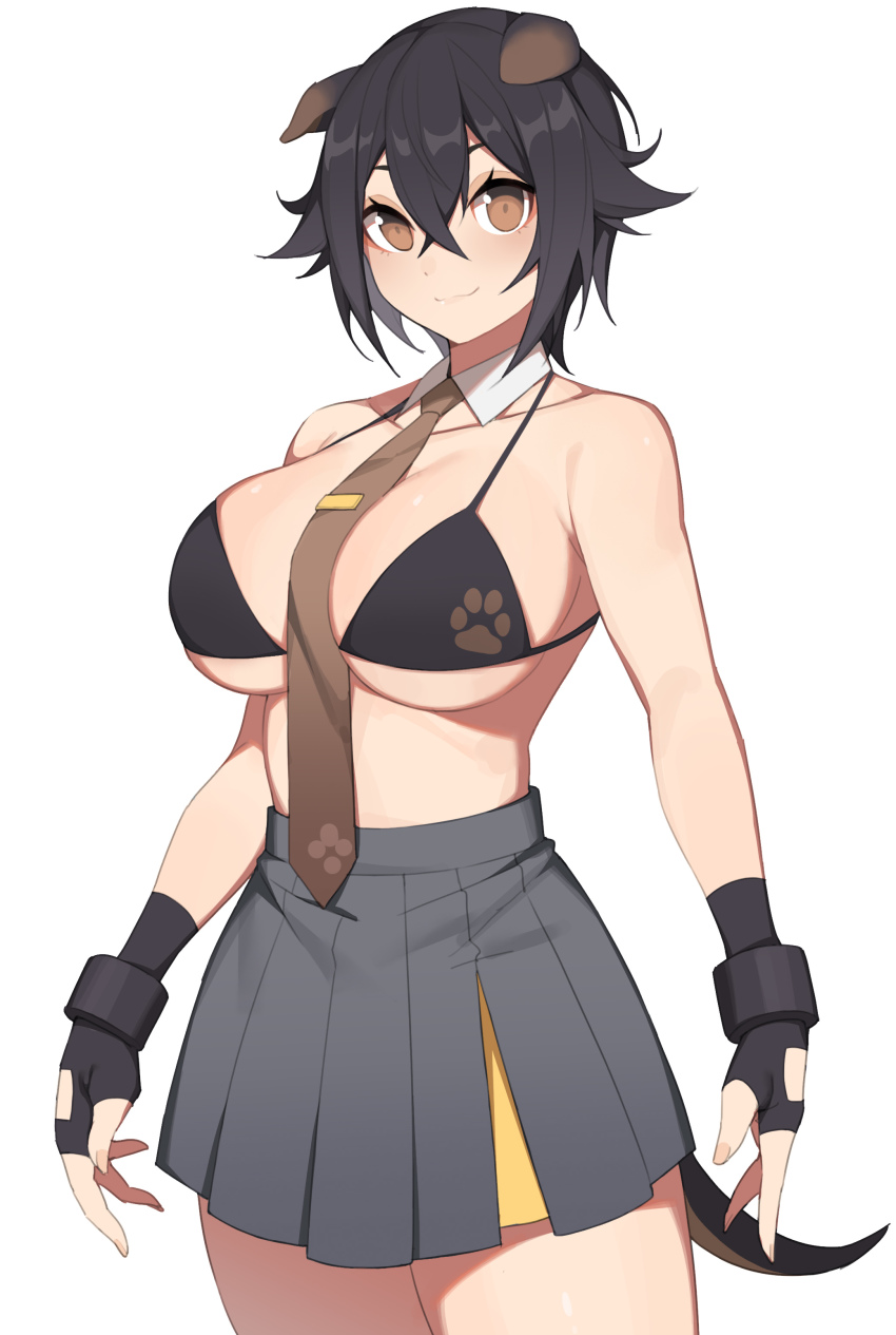 1girl, absurdres, animal_ears, arknights, arms_at_sides, bare_shoulders, between_breasts, bikini