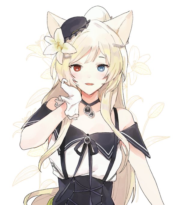 1girl, animal_ears, arknights, black_choker, black_hat, blonde_hair, blue_eyes, cat_ears