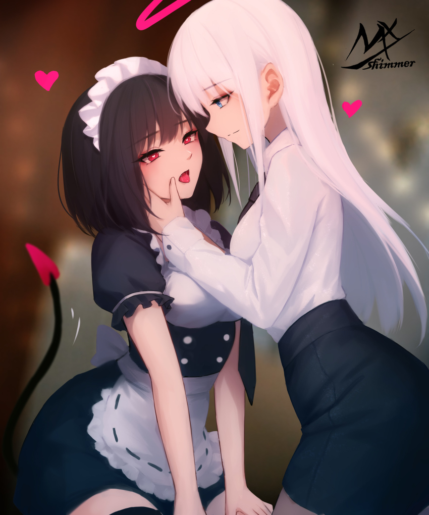 2girls, absurdres, alternate_costume, angel_girl_(shimmer), apron, artist_logo, artist_name, black-haired_demon_girl_(shimmer), black_necktie, black_skirt, blue_eyes, blurry, blurry_background, breasts, buttons, collared_shirt, demon_tail, double-breasted, enmaided, from_side, heart, heart-shaped_pupils, highres, large_breasts, logo, long_hair, maid, maid_headdress, medium_hair, multiple_girls, necktie, original, pencil_skirt, puffy_short_sleeves, puffy_sleeves, red_eyes, ribbon-trimmed_apron, ribbon_trim, saliva, shimmer, shirt, short_sleeves, skirt, smile, symbol-shaped_pupils, tail, tongue, tongue_out, waist_apron, white_hair, white_shirt, yuri