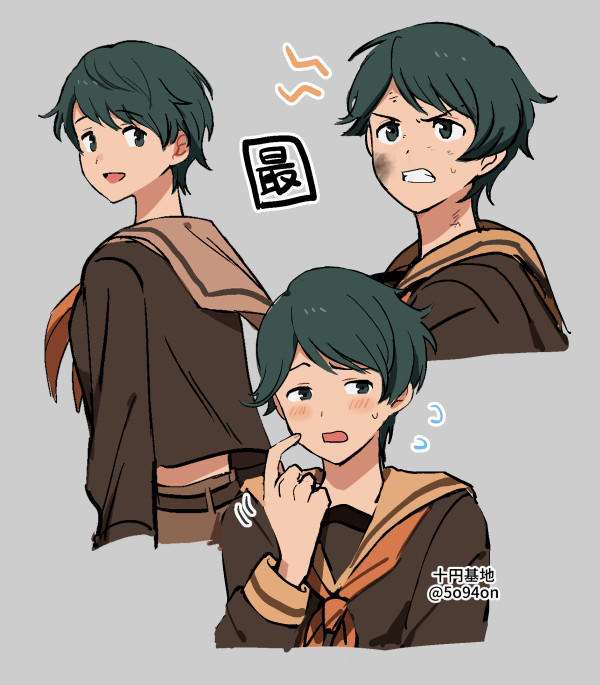 1girl, blush, brown_sailor_collar, brown_shorts, clenched_teeth, dirty, dirty_face, flying_sweatdrops