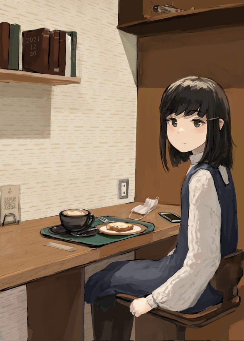 1girl, alternate_costume, black_hair, blue_dress, book, bread_slice, cellphone, chair