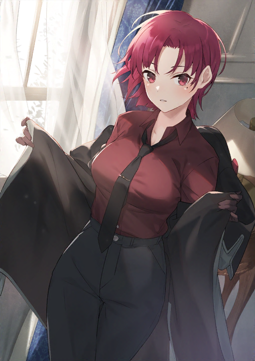 1girl, bazett_fraga_mcremitz, black_pants, breasts, buttons, fate/grand_order, fate_(series), gloves, hayashi_kewi, high-waist_pants, jacket, large_breasts, loose_necktie, manannan_mac_lir_(first_ascension)_(fate), mole, mole_under_eye, necktie, official_art, open_clothes, open_jacket, pants, parted_bangs, red_eyes, red_hair, red_shirt, shirt, solo, window