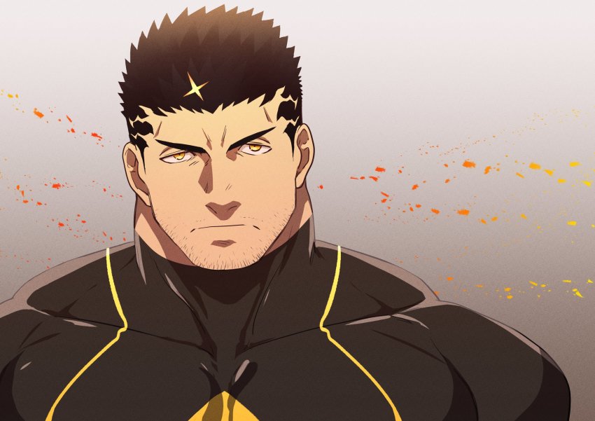 1boy, asahi_(zabaniyan), bara, beard, black_bodysuit, black_hair, black_suit, bodysuit