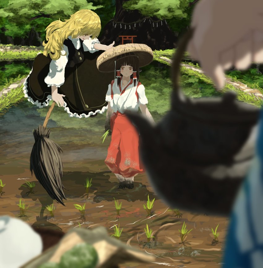 1girl, black_dress, blonde_hair, blue_sleeves, broom, broom_riding, brown_eyes, brown_hair, buttons, dirty, dirty_clothes, dress, hair_tubes, hakama, hakama_skirt, hakurei_reimu, harvesting, hat, highres, holding, holding_teapot, japanese_clothes, kajatony, kimono, kirisame_marisa, log, long_hair, long_sleeves, miko, morichika_rinnosuke, missing_headwear, no_headwear, puffy_sleeves, red_hakama, rice_paddy, rope, sandogasa, shide, shimenawa, sidelocks, skirt, sleeves_rolled_up, solo, straw, straw_hat, teapot, torii, touhou, tree, white_kimono, yellow_eyes