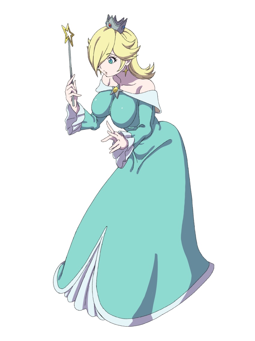 1girl, absurdres, alternate_breast_size, blonde_hair, blue_dress, blue_eyes, breasts, brooch