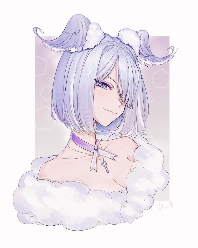 1girl, blue_eyes, blue_hair, border, collarbone, elira_pendora, elira_pendora_(2nd_costume), fur_trim