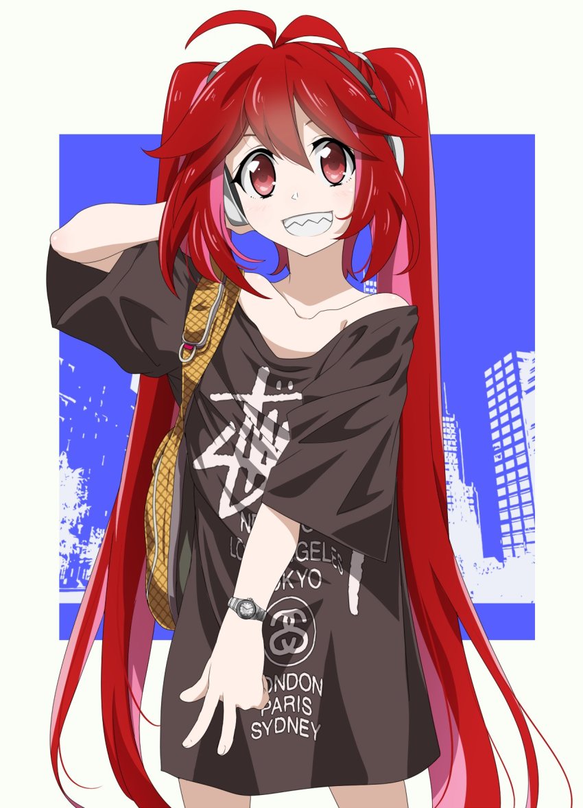 1girl, alternate_costume, alternate_hairstyle, arm_behind_head, backpack, bag, black_shirt, collarbone