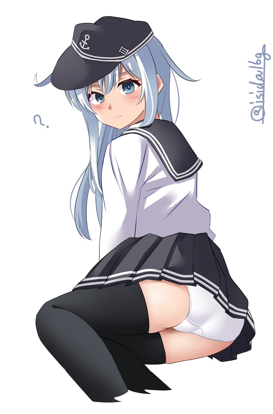 1girl, ?, anchor_symbol, back, badge, black_sailor_collar, black_thighhighs, blue_eyes, embarrassed, flat_cap, grey_eyes, hair_between_eyes, hat, hibiki_(kancolle), highres, ishida_arata, kantai_collection, long_hair, looking_back, neckerchief, panties, red_neckerchief, sailor_collar, school_uniform, serafuku, sitting, solo, thighhighs, twitter_username, underwear, white_hair, white_panties