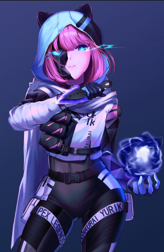 1boy, apex_legends, black_bodysuit, blue_eyes, bodysuit, character_name, cosplay, frown, glowing, glowing_eye, hatsusen, holding, holding_knife, hope's_dusk_(apex_legends), indie_virtual_youtuber, jacket, knife, kunai, looking_at_viewer, male_focus, mars_symbol, mars_symbol_hair_ornament, mask, one_eye_covered, open_hand, pink_hair, sakurai_yurika, scarf, short_hair, solo, trap, virtual_youtuber, void_prowler_wraith, weapon, white_jacket, white_scarf, wraith_(apex_legends), wraith_(apex_legends)_(cosplay)