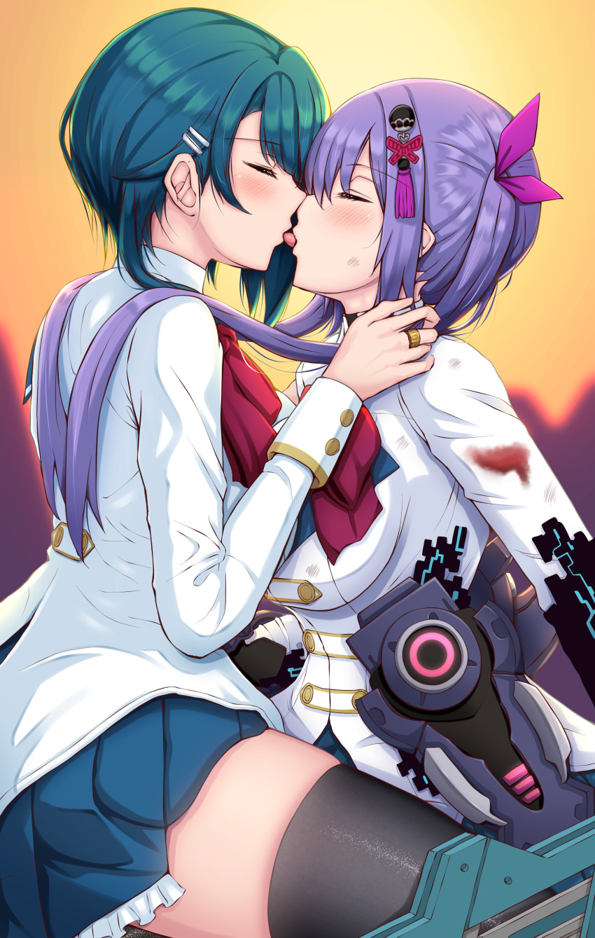 2girls, absurdres, aizawa_kazuha, assault_lily, black_legwear, blood, blood_on_clothes, blue_hair