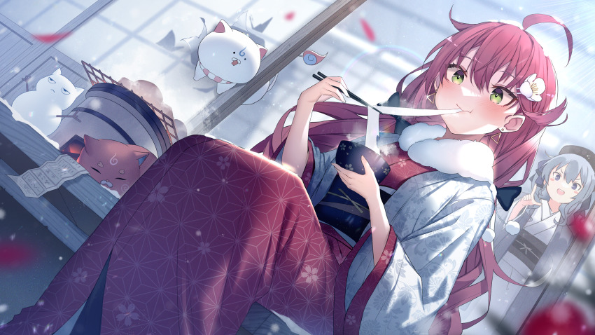 2girls, 35p_(sakura_miko), 3others, ahoge, alternate_costume, asa_no_ha_(pattern), beret, blue_eyes