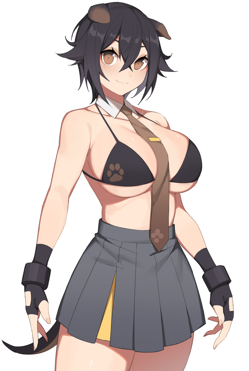 1girl, absurdres, animal_ears, arknights, arms_at_sides, bare_shoulders, between_breasts, bikini, black_bikini, black_gloves, black_hair, breasts, brown_eyes, brown_necktie, cleavage, closed_mouth, clothes_between_breasts, cowboy_shot, detached_collar, dog_ears, dog_girl, dog_tail, fingerless_gloves, gloves, grey_skirt, hair_between_eyes, hanenosaki, highres, jackie_(arknights), large_breasts, looking_at_viewer, miniskirt, necktie, necktie_between_breasts, paw_print, pleated_skirt, print_bikini, revision, short_hair, simple_background, skirt, smile, solo, swimsuit, tail, underboob, white_background