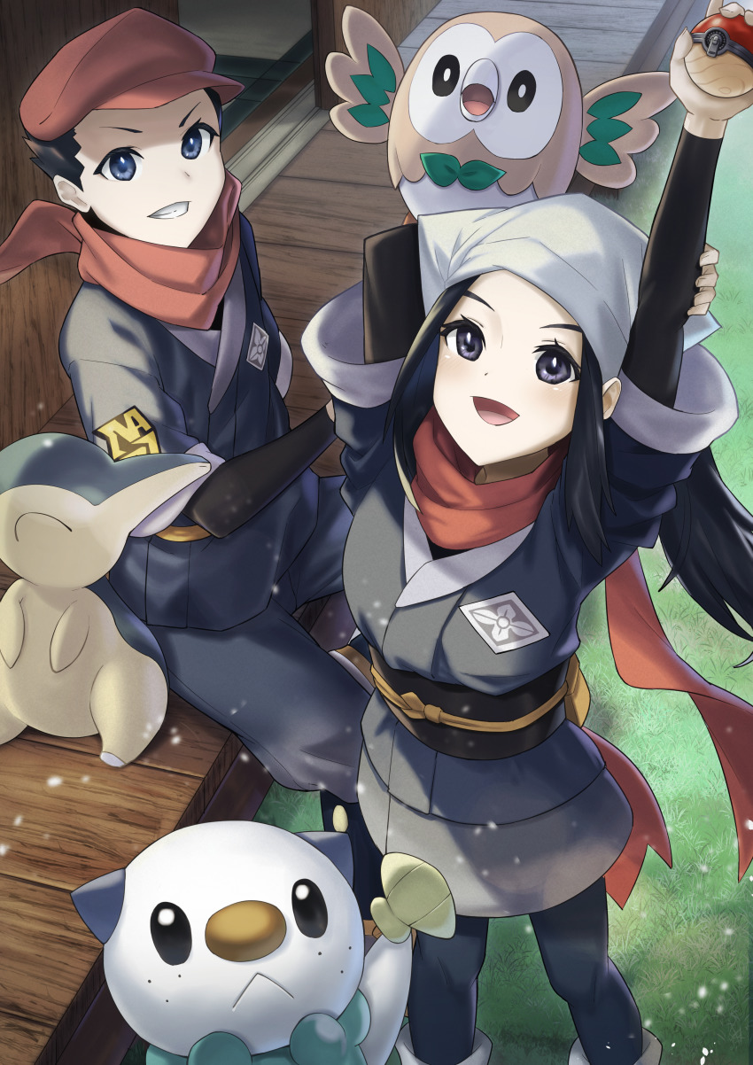 1boy, 1girl, :d, absurdres, akari_(pokemon), arms_up, black_hair, cyndaquil