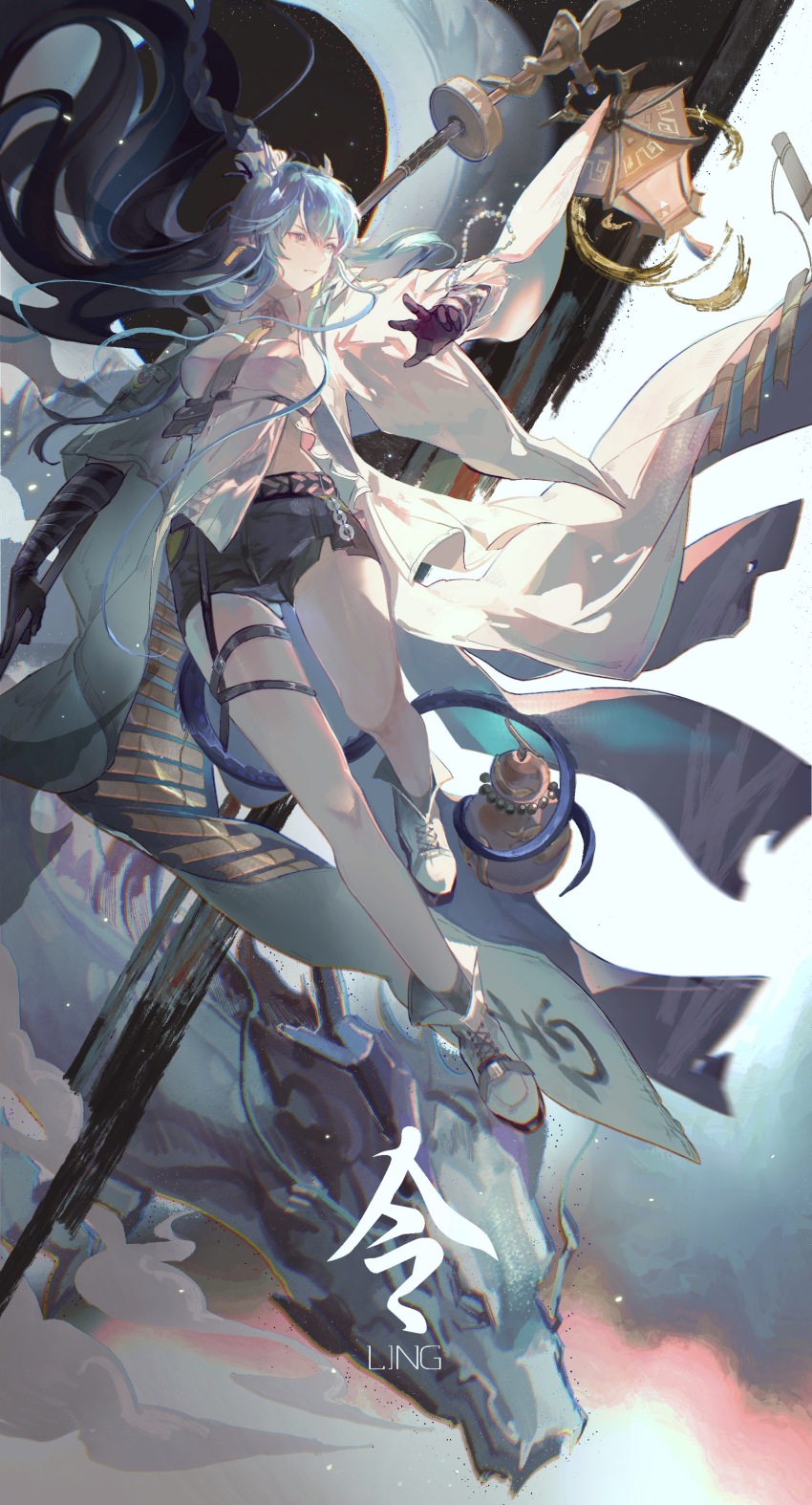 1girl, absurdres, ankle_boots, arknights, bare_legs, belt, black_shorts, blue_eyes