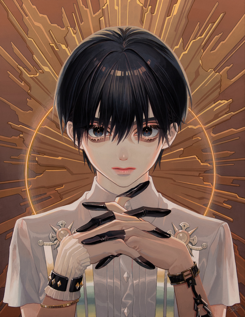 1boy, androgynous, bags_under_eyes, black_hair, bracelet, finger_gloves, hair_intakes, highres, jewelry, kazchiko, lips, lipstick, looking_at_viewer, makeup, male_focus, original, own_hands_clasped, own_hands_together, shirt, solo, upper_body, white_shirt