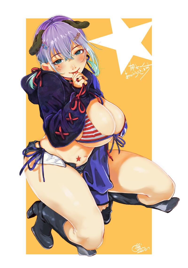 1girl, american_flag, american_flag_bikini, american_flag_print, animal_ears, bikini, black_boots, blue_eyes