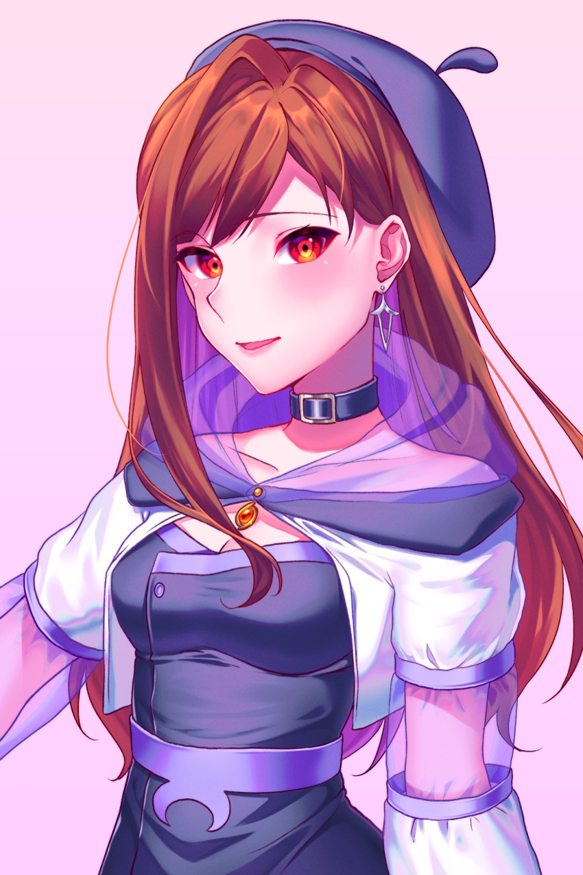 1girl, absurdres, beret, black_dress, black_hat, blush, breasts, brown_eyes