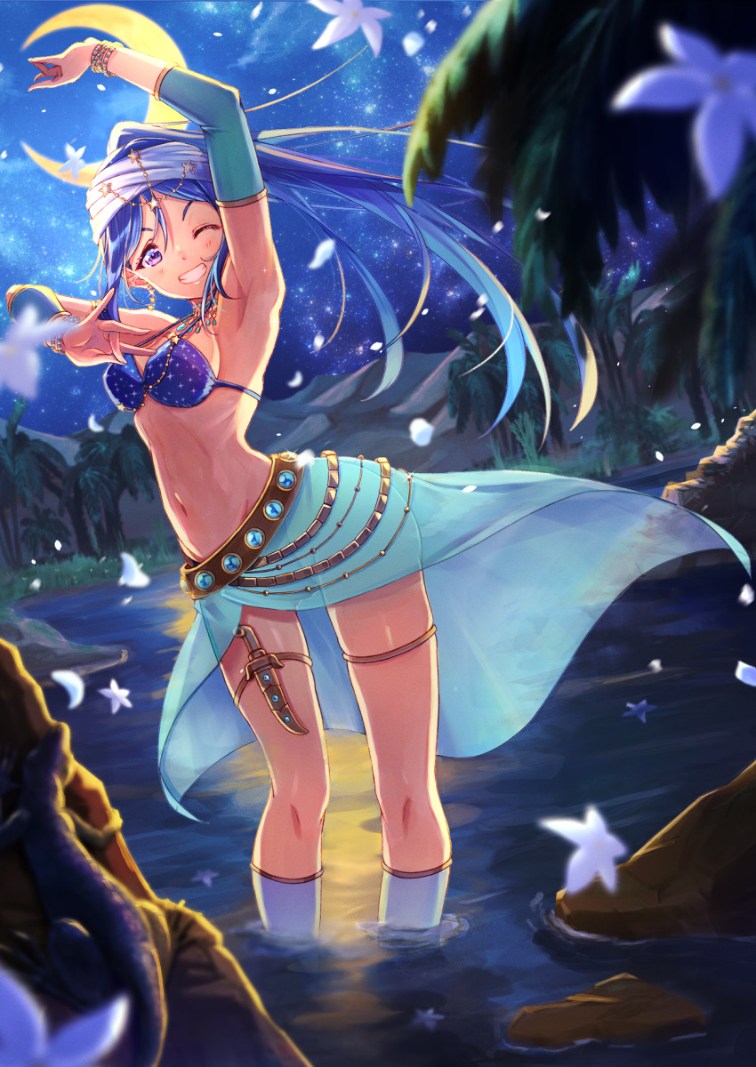 1girl, ;), aqua_skirt, arabian_clothes, artist_name, artist_request, bare_legs, bare_shoulders, belly_dancer, bikini, blue_bikini, blue_hair, blue_sky, blush, bracelet, breasts, cloud, collarbone, crescent_moon, dancer, detached_sleeves, earrings, female_focus, floating_hair, flower, green_skirt, hair_between_eyes, hairband, high_ponytail, highres, jewelry, kokoro_magic_"a_to_z", long_hair, looking_at_viewer, love_live!, love_live!_school_idol_festival, love_live!_sunshine!!, macken666, matsuura_kanan, moon, mountain, night, ocean, one_eye_closed, outdoors, palm_tree, parted_lips, plaid_clothes, plaid_skirt, pleated, pleated_skirt, ponytail, purple_eyes, see-through_clothes, skirt, sky, small_breasts, smile, soaking_feet, solo, star_(sky), star_(symbol), star_earrings, star_print, string_bikini, swimsuit, teeth, tree, v-shaped_eyebrows, wavy_hair, white_flower, white_hairband, wink