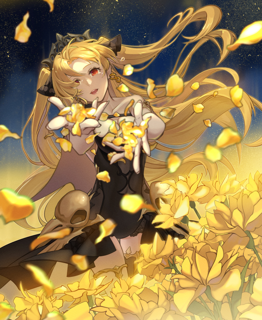 1girl, absurdres, animal_skull, armlet, bird_skull, blonde_hair, earrings, ereshkigal_(fate)
