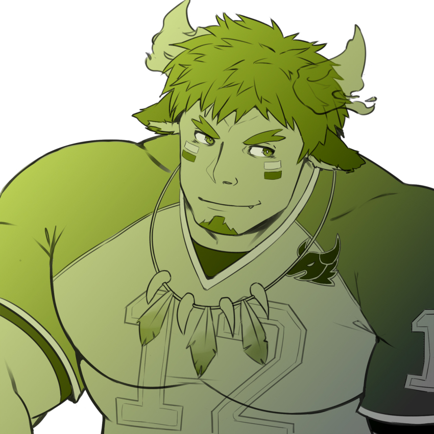 1boy, american_football_uniform, animal_ears, bara, bozi_(17030417), cow_boy, cow_ears, cow_horns