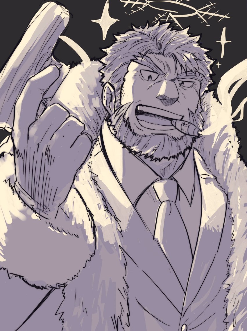 1boy, 1hao_(@cerbero64), bara, beard, cigar, ded_(housamo), facial_hair, forked_eyebrows