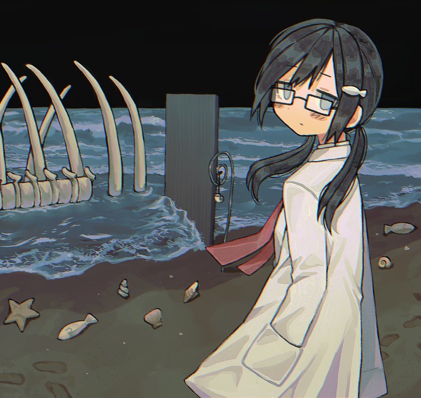 1girl, beach, black-framed_eyewear, black_hair, blue_eyes, blush, closed_mouth, door