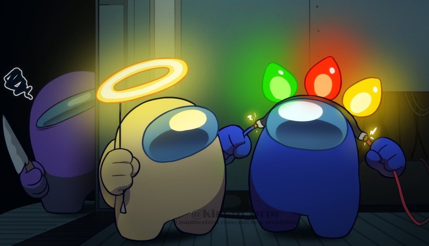 3others, among_us, blue_(among_us), cable, christmas_lights, commentary_request, crewmate_(among_us), decorations, disembodied_hand, fake_halo, halo, helmet, holding, holding_knife, impostor_(among_us), indoors, kiman, knife, lime_(among_us), multiple_others, purple_(among_us), space_helmet, spacesuit, squiggle, twitter_username